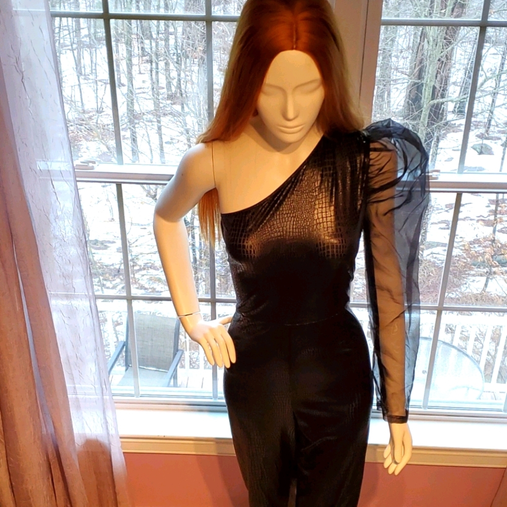 Crocodile Embroidered Black Bodysuit w/ Sheer arm